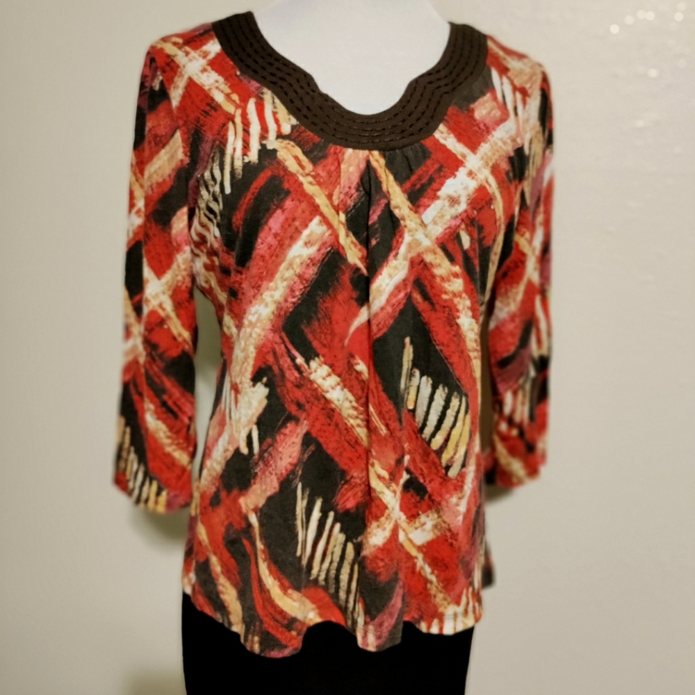 Liz & Co Burnt Orange and Brown Top detailed stitched neckline 3/4 sleeve Large